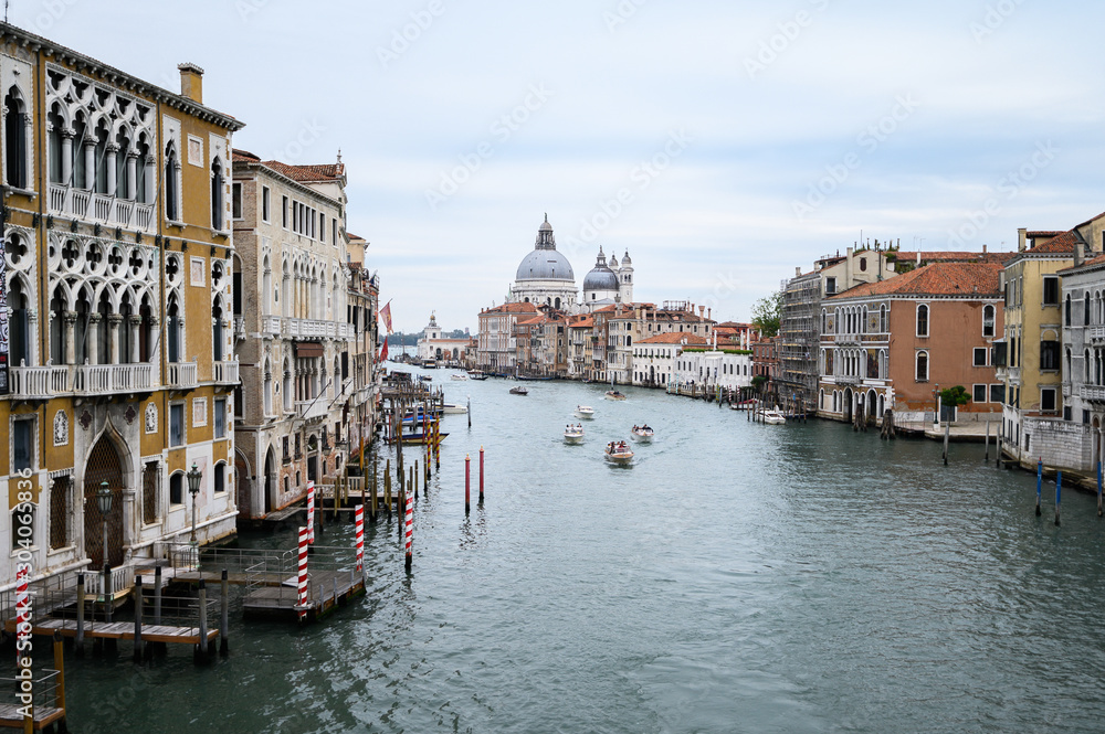 09.10.2019 Venice, Italy, Ariel view on the Grand Canal with motorboat taxis.