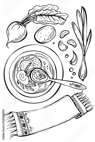 beetroot soup with ingredients and towel. onion, beet, beetroot, potato, cabbage, beef, garlic, beans. Borsch, borscht, ukrainian and russian cuisine. National dish.