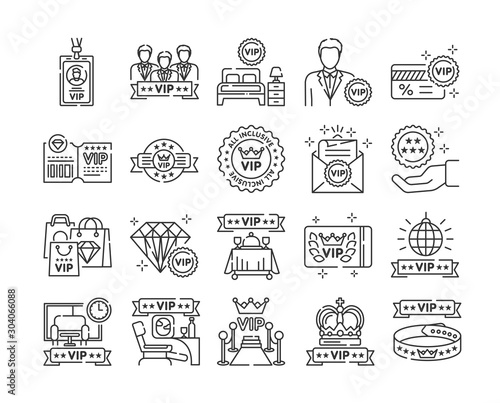 Vip service line black5 icons set. Vip pass, card, lounge, invitation, party, service, club. Luxury lifestyle. Sign for web page, mobile app, button, logo. Vector isolated button. Editable stroke.