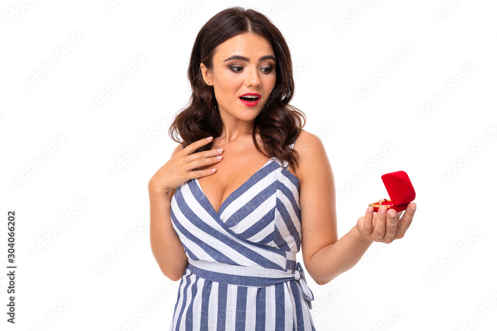 Beautiful caucasian woman acceps marriage proposal, picture isolated on white background Beautiful caucasian woman acceps marriage proposal, picture isolated on white background