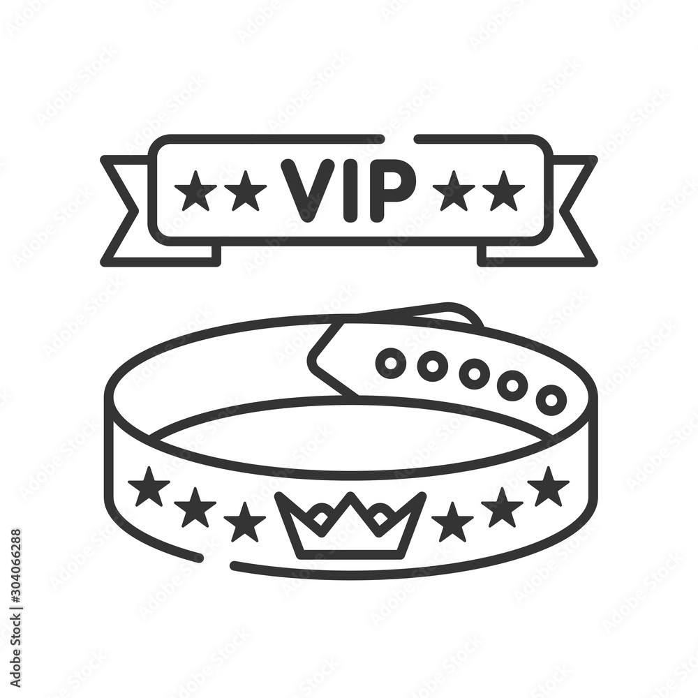 Vip wristband line black icon. Bracelet for entering various events. All inclusive. Red ribbon with five stars. Sign for web page, mobile app, button, logo. Vector isolated button. Editable stroke.