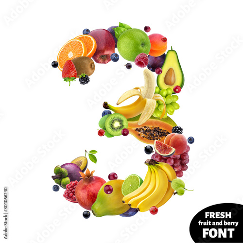 Number 3 made of different fruits and berries  fruit alphabet isolated on white background