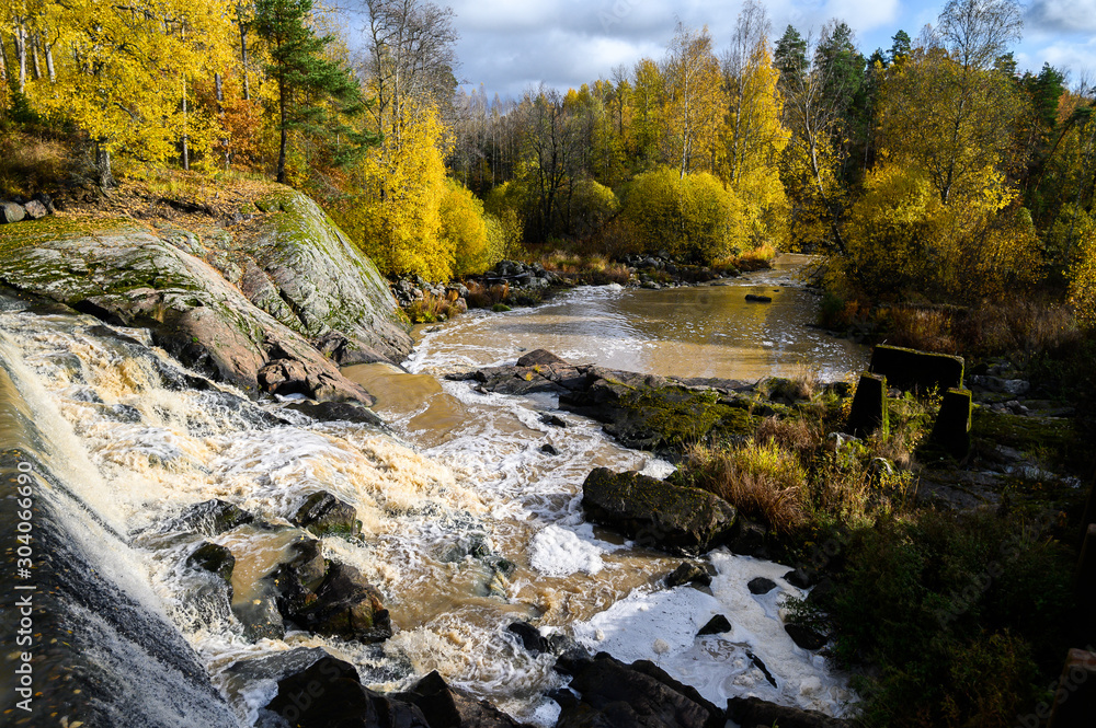River in the forest with rapids. Autumn. Suburb Of Helsinki, Finland