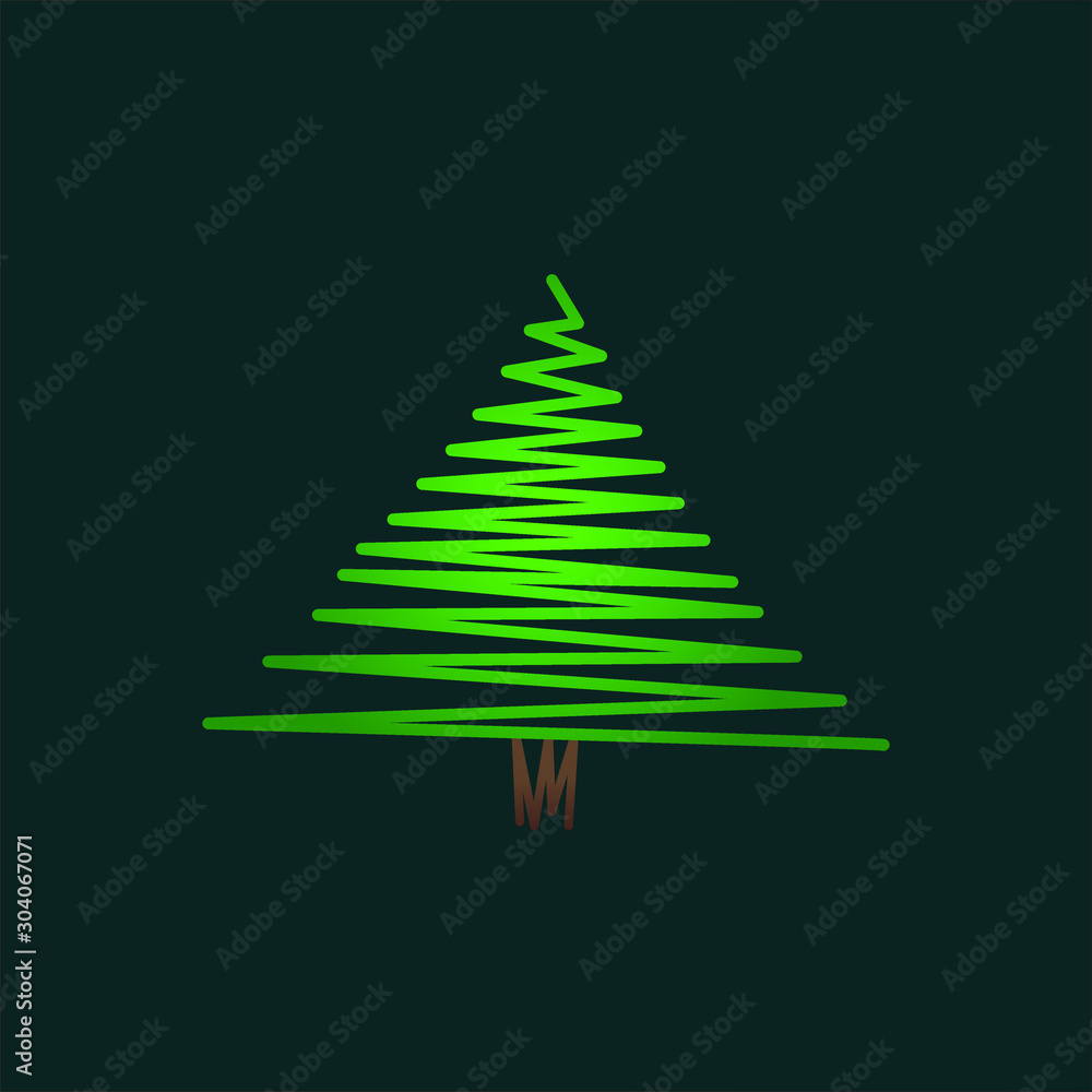 Abstract scribble christmas tree, fir tree in green color on dark background. Illustration of unusual logotype x mas icon and traditional symbol of the festive seasonal holiday. vector Abstract scribble christmas tree, fir tree in green color on dark background. Illustration of unusual logotype x mas icon and traditional symbol of the festive seasonal holiday. vector