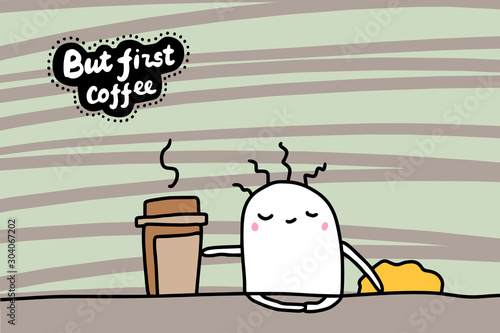 But first coffee hand drawn vector illustration in cartoon comic style sleeping man just woke up