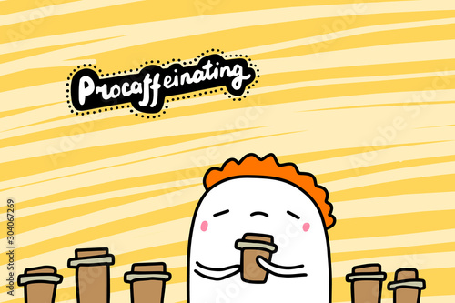 Procrastinating with coffee hand drawn vector illustration in cartoon comic style man drinking too much