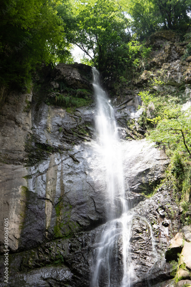 Fototapeta premium Waterfall among stones inside forest forming stream of fresh water