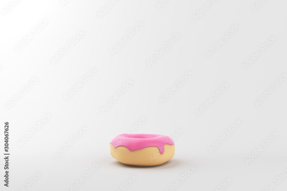 one pink donut in minimal on white background. 3d rendering. copy space