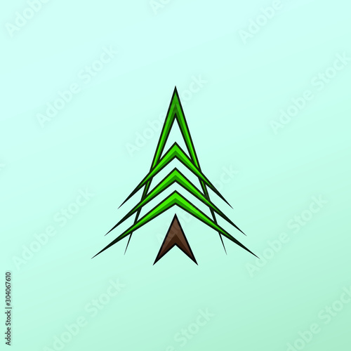 Futuristic christmas tree logotype with green and brown arrow formed elements. Fir tree, x mas symbol logo for printing on product during festive holiday season in winter. illustration vector