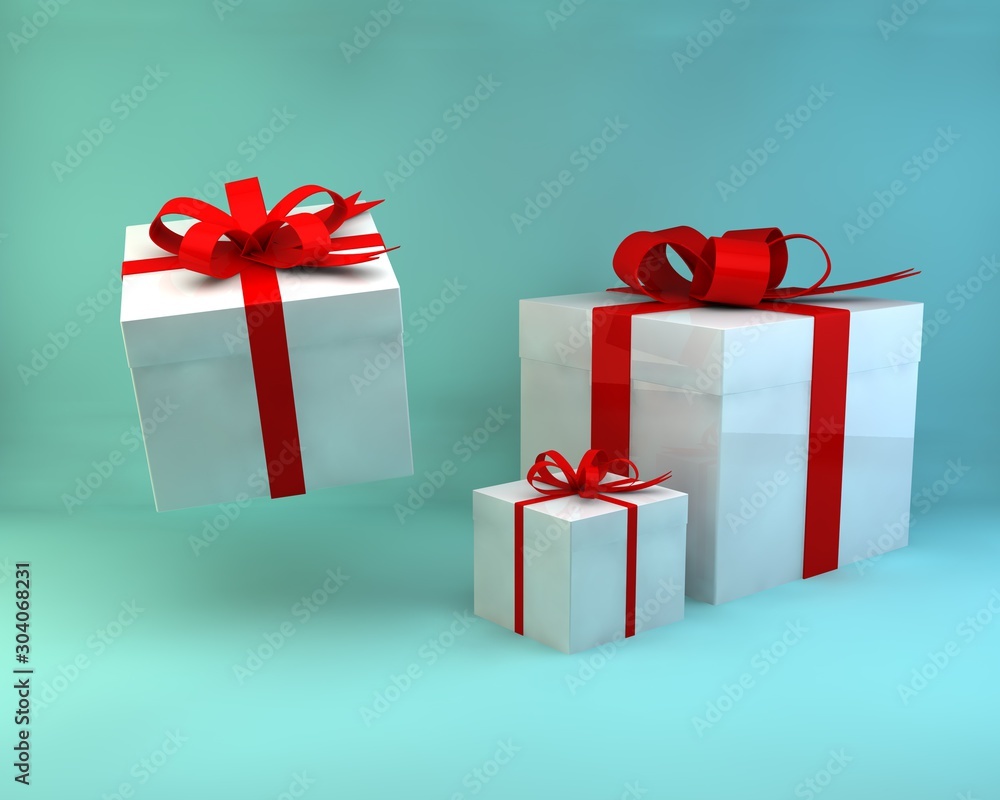Fototapeta premium Pile of gift boxes or present box with red ribbon and bow isolated on light blue green pastel color background with blank space 3D rendering