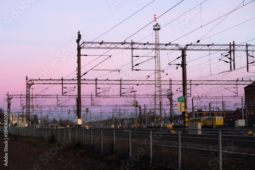 Kouvola, Finland - 15 November 2019: Railway yard at beautiful sunset background.