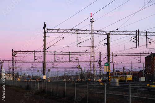 Kouvola, Finland - 15 November 2019: Railway yard at beautiful sunset background.