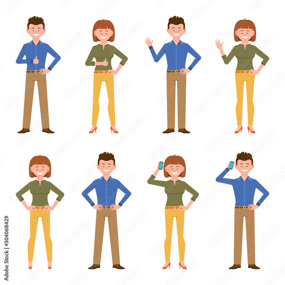 Happy, smiling, adult blue shirt office guy and green shirt lady vector illustration. Waving, thumbs up, saying hello, talking on phone boy and girl cartoon character set on white