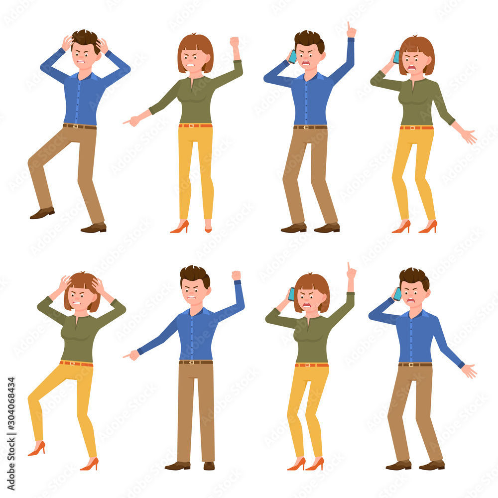 Obraz premium Angry, stressed, desperate blue shirt office boy and green shirt girl vector illustration. Shouting, pointing finger, screaming, talking on phone male and female cartoon character set on white