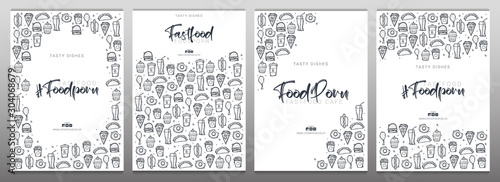 Fast Food and FoodPorn banner with tasty dishes. Burger, French Fries, Soft Drinks and Coffee. Hand draw doodle background.