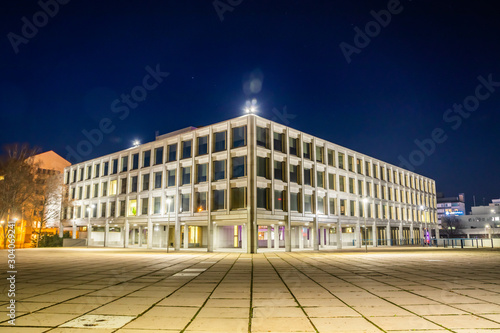 Kouvola, Finland - 15 November 2019: Night view of beautiful building of City Hall in the center of Kouvola.