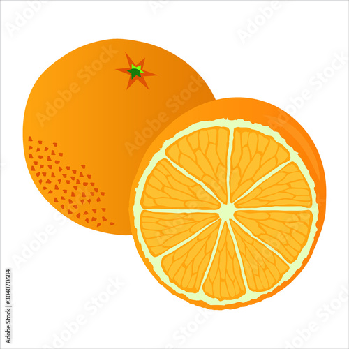 Illustration vectorielle d’un fruit entier et coupé : l’orange