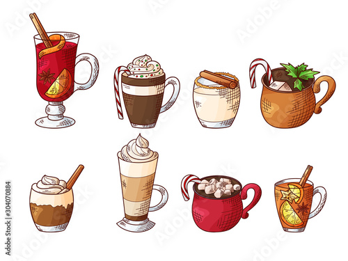 Set of hot winter drinks. Hand drawn sketch. Eggnog, latte, chocolate, grog, bicerin, cider. Christmas vector illustration