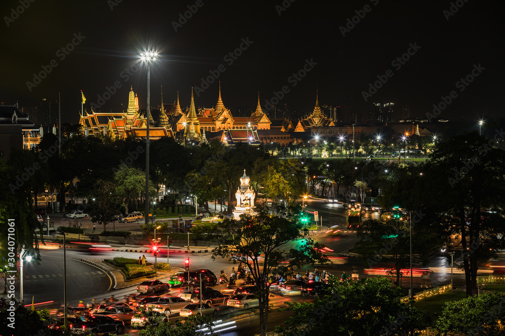 Night aerial view on Wat Phra Kaew or Wat Phra Si Rattana Satsadaram, Temple of the Emerald Buddha and Grand Palace. Beautiful Landmark of Bangkok City, Bangkok, Thailand.