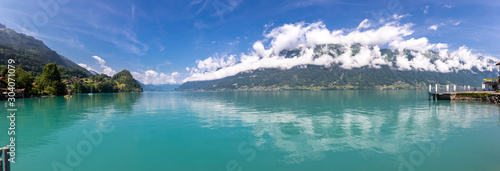 Panoramic view of Lake of Thun and The Swiss Alps stock photo