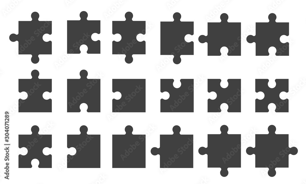 Set black puzzle pieces isolated - obrazy, fototapety, plakaty 