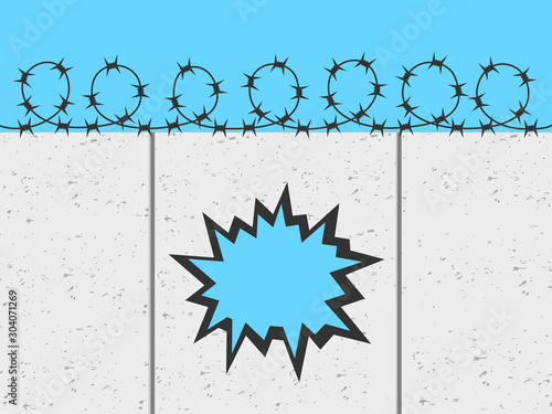 Hole in the wall, barrier and fence made of concrete and barbed wire - spot for escape from prison / emigration after fall of border and frontier on the borderline. Vector illustration.