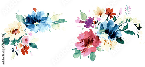 Flowers watercolor illustration.Manual composition.Big Set watercolor elements.