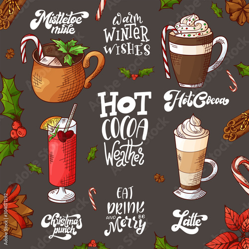Winter hot drinks. Set of hand drawn sketch. Can be used for bar menu, card, flyer, poster. Christmas lettering. Vector illustration