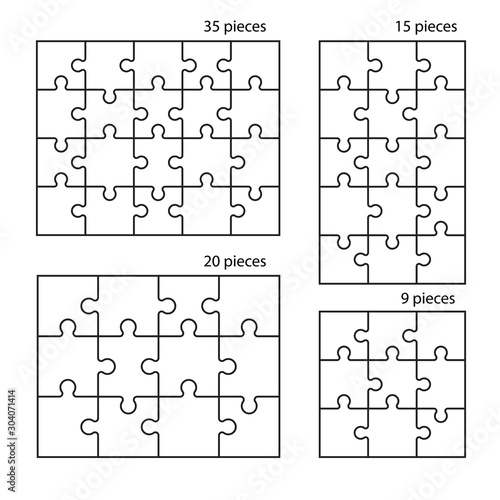 Puzzles grid. Jigsaw puzzle 20, 15, 12 and 9 pieces