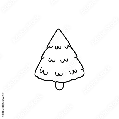 Simple line art christmas tree. X mas illustration icon of traditional festive symbol of the winter holiday seasonal event during new year. Unpainted for coloring book or page for children and kids. 