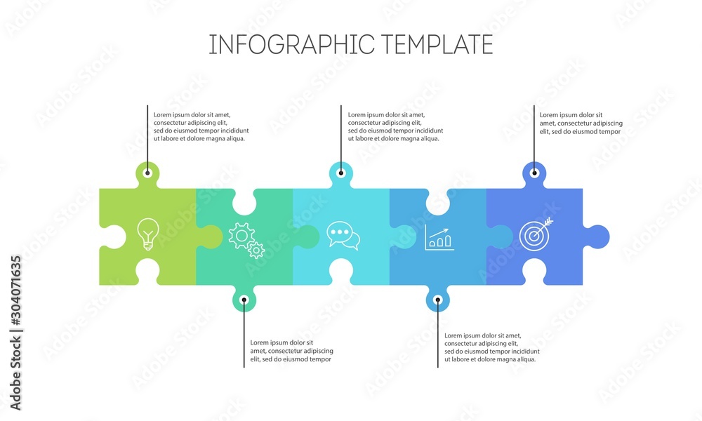 Horizontal chart with 5 connected jigsaw puzzle pieces. Linear infographic  design template. Stock Vector | Adobe Stock