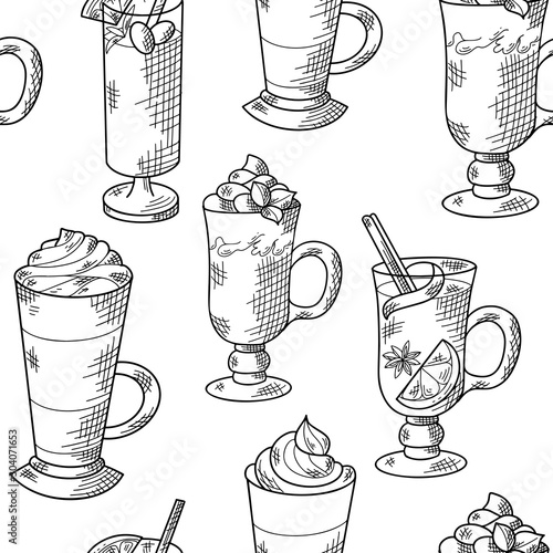 Seamless pattern with hand drawn hot drinks. Sketch winter elements. Holiday christmas vector illustration