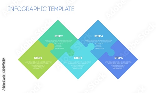 Infographic design template with 5 connected jigsaw puzzle pieces. 