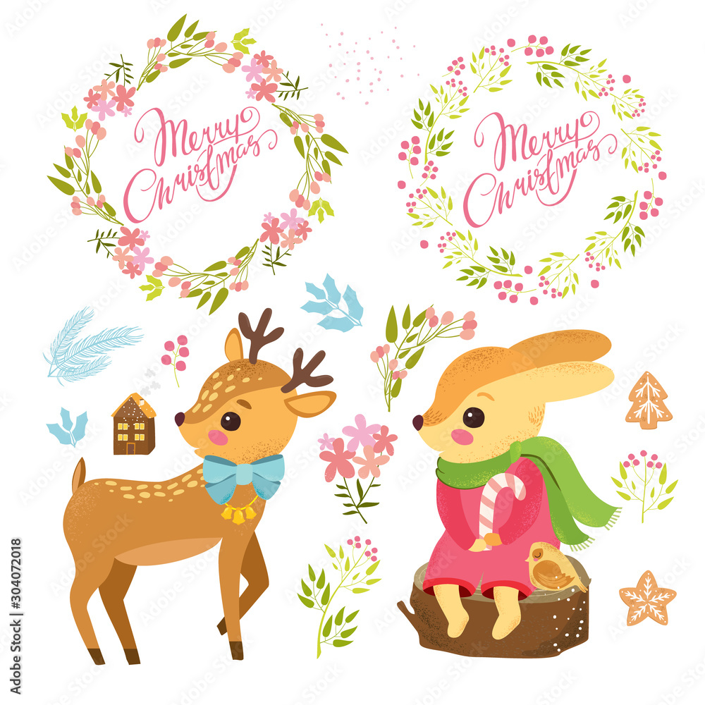Obraz premium Vector set with cute cartoon characters. Christmas theme, hare and deer, elements for decor, Christmas wreaths and plants
