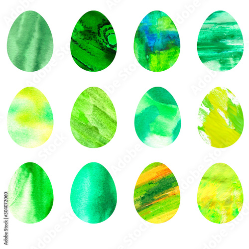 Set of eggs Easter watercolor texture. Set on white background for spring paper or textile design.