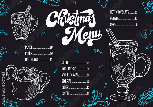 Christmas menu with hand drawn hot drinks. Sketch decoration for your design. Brush modern calligraphy. Vector illustration