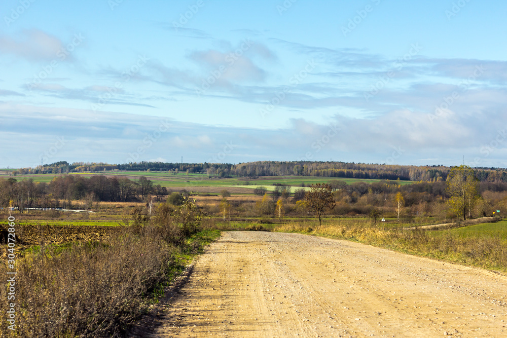 Late autumn. Green fields and forest. Gravel road in the foreground. Podlasie, Poland.