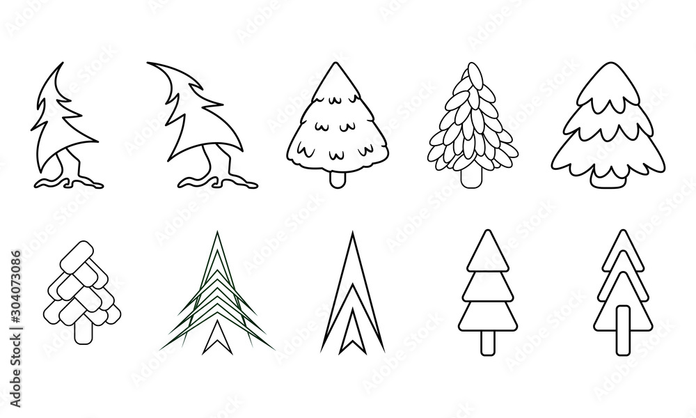 Set of line art christmas trees and fir trees for coloring book for children or kids coloring page. Outline illustration isolated on flat white background for printing and easy use. raster image