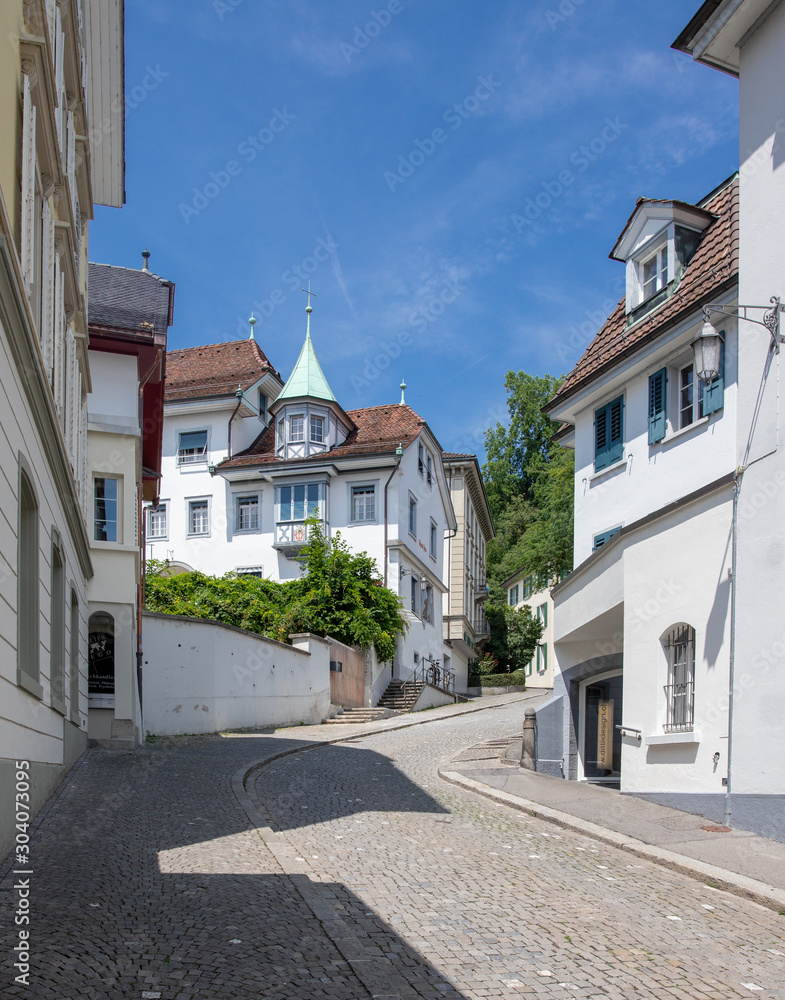 A street with medieval buildings in Lucerne, Switzerland