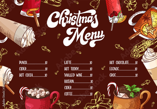Hand drawn hot drinks. Menu Christmas design. Template with brushlettering. Winter sketch style. Vector illustration