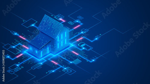 Smart home technology conceptual banner. Building consists digits and connected with icons of domestic smart devices. illustration concept of System intelligent control house on blue background. IOT. photo
