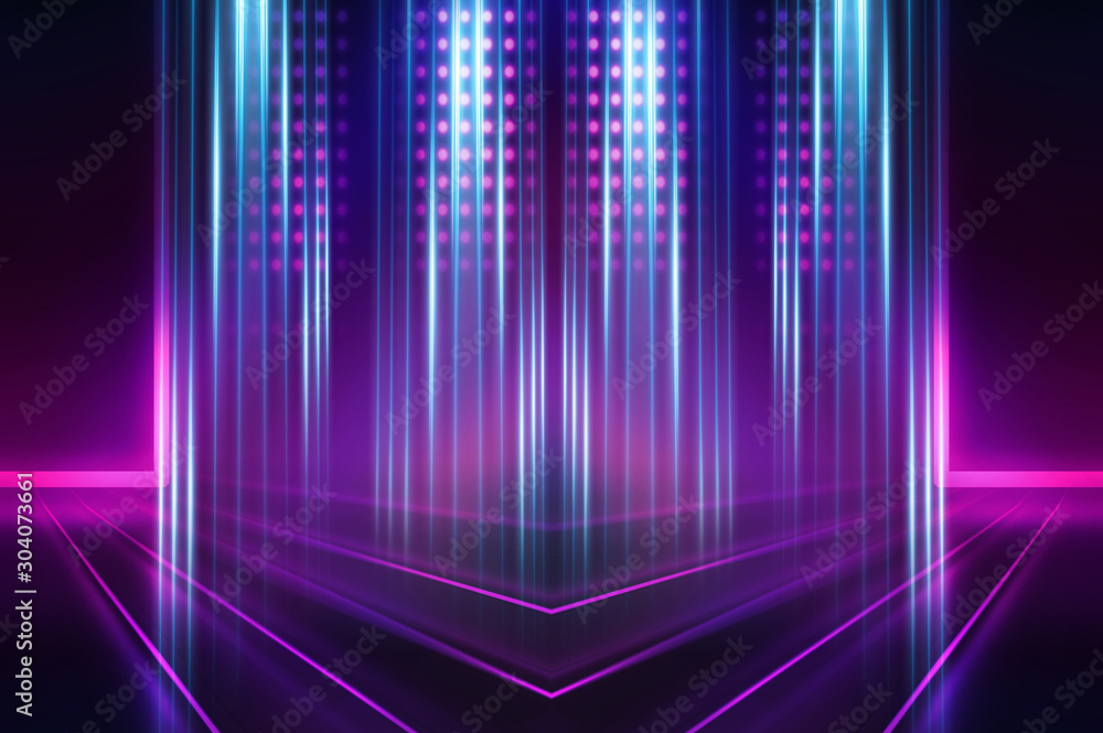 Empty dark abstract background. Background of an empty show scene. Glow of neon lights on an empty stage. Empty dark abstract background. Background of an empty show scene. Glow of neon lights on an empty stage.