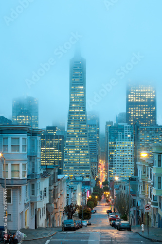 Skyline of Financial District at dusk, San Francisco, California, United States.