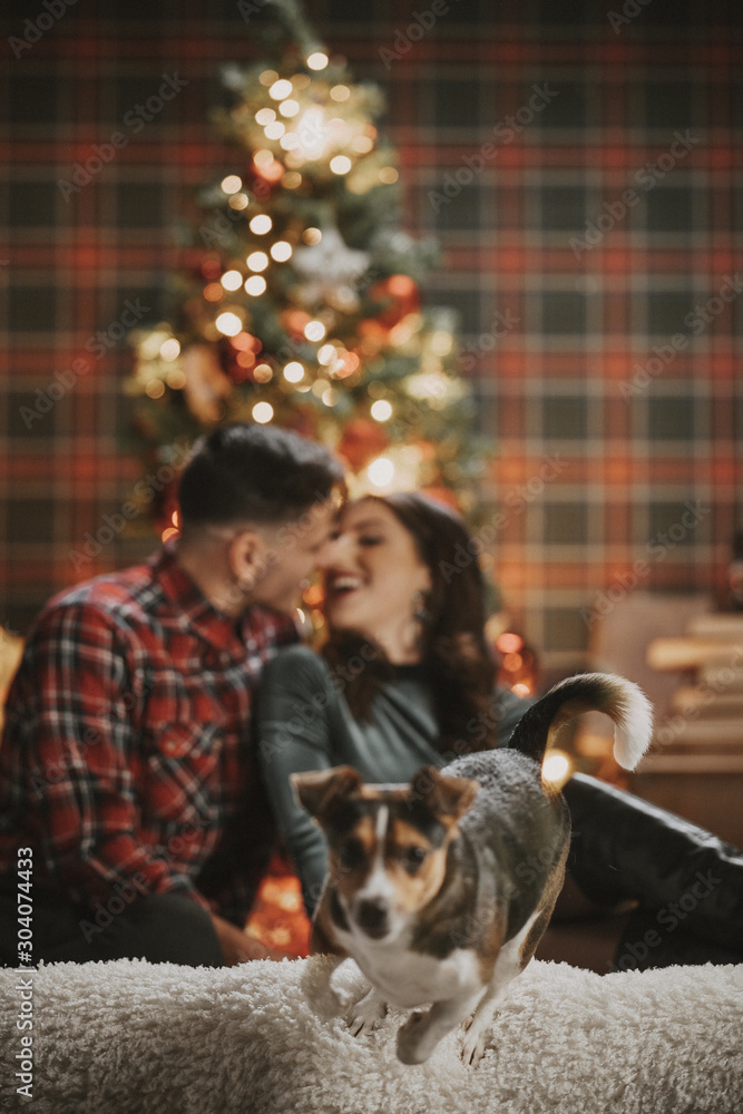 Young couple celebrating Christmas together with the Dog