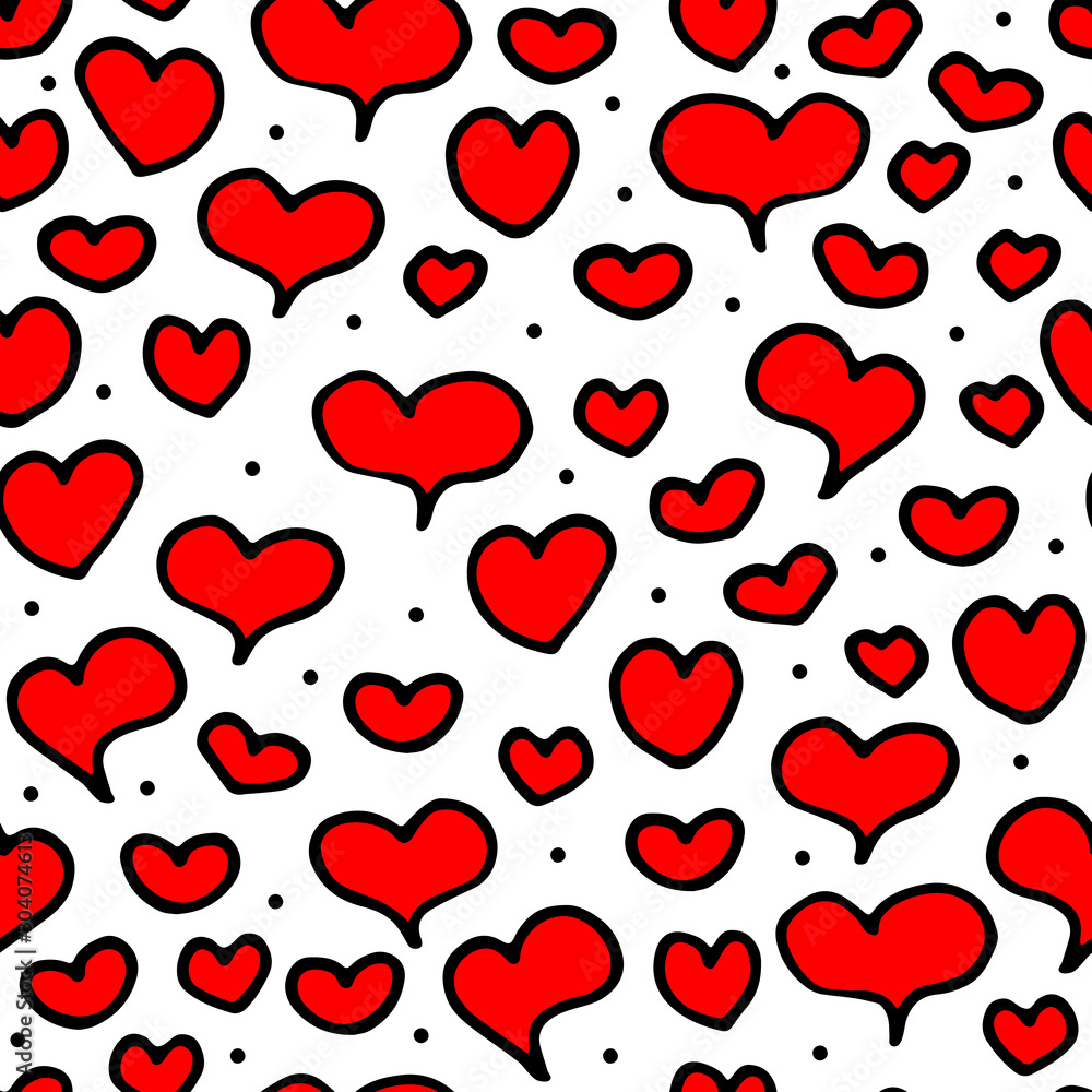Seamless pattern of hand-drawn black outline red hearts and dots isolated on a white background. Valentine's Day February 14 Festive Element. Cute holiday symbol of Love, weddings, romantic decoration