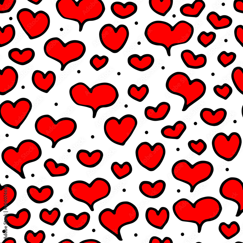 Seamless pattern of hand-drawn black outline red hearts and dots isolated on a white background. Valentine's Day February 14 Festive Element. Cute holiday symbol of Love, weddings, romantic decoration Seamless pattern of hand-drawn black outline red hearts and dots isolated on a white background. Valentine's Day February 14 Festive Element. Cute holiday symbol of Love, weddings, romantic decoration