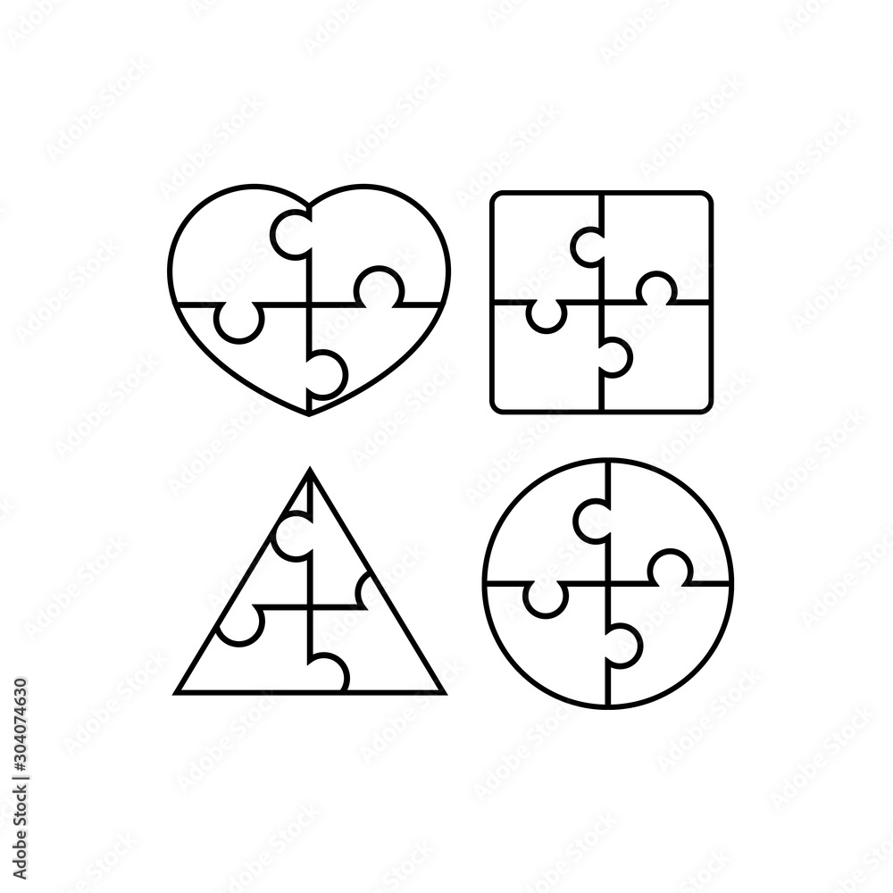 Complete shapes from jigsaw puzzle pieces: square, triangle, heart, circle.  Line vector puzzles on white background Stock Vector | Adobe Stock