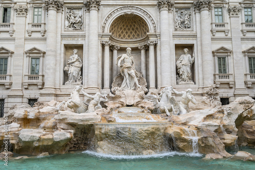 Wide angle view of The Famous Trevi Fountain. A popular tourist spot in the city center. 28.10.2019 Rome, Italy