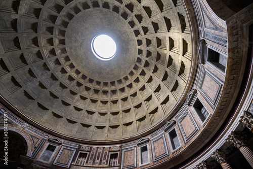 Ancient architectural masterpiece of Pantheon in Roma, Italy. Panorama of inside interior. Dome. Rome, Italy