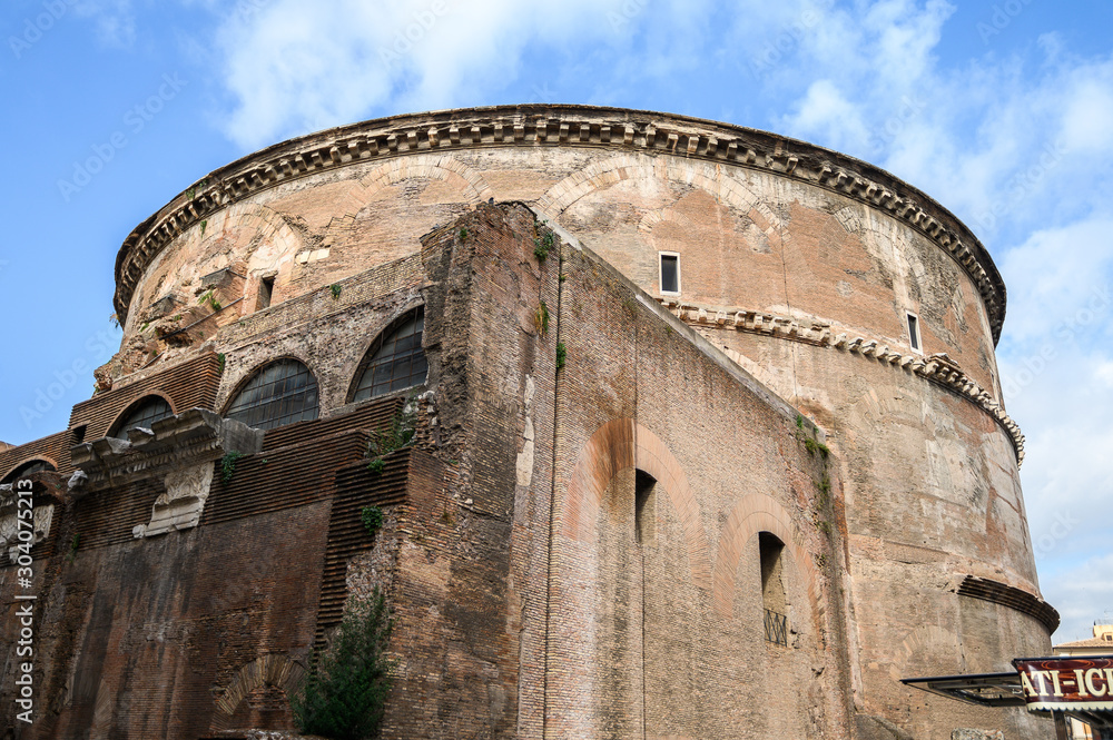 Roman Pantheon, view from the street. Details of the temple. Rome, Italy.